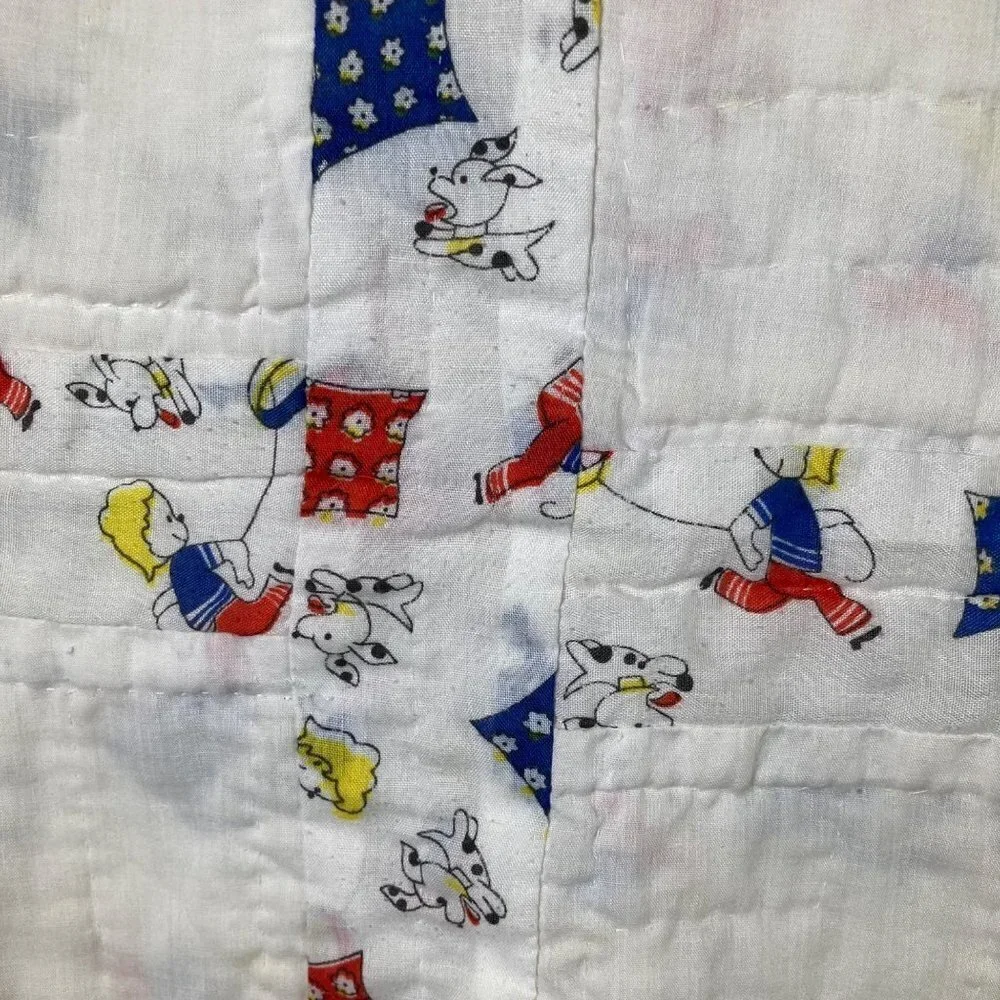 Vintage Handmade Embroidered Baby Quilt Sun Bonnet Sue Boy‎ Flying Kite 41 x 46